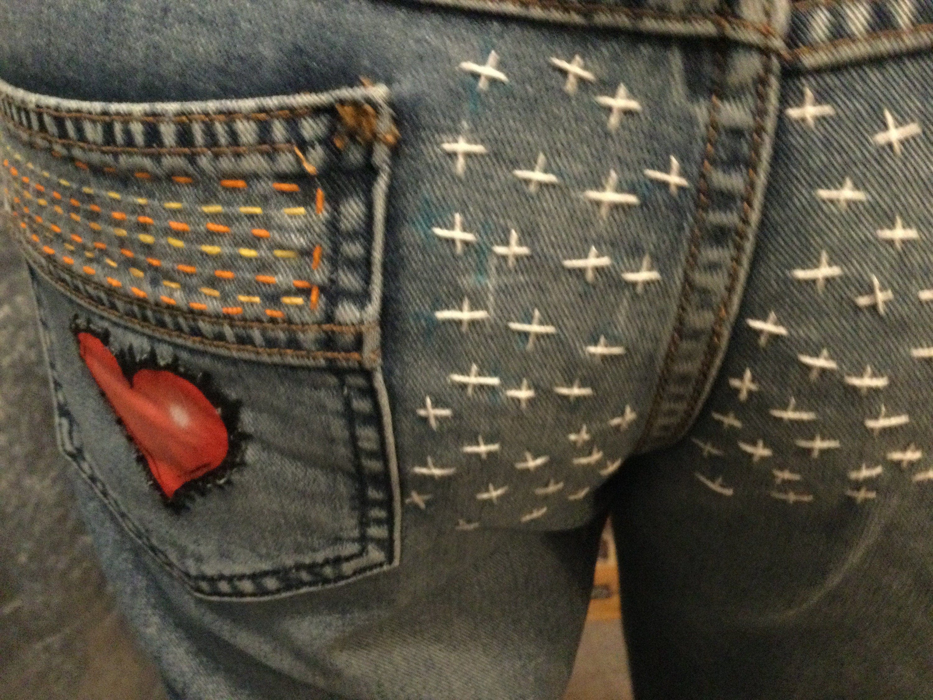 Patchwork Free People 29 carpenter JEANS embroidered Sacred Heart Day of the Dead SUGAR SKULL Dia De Los Muertos patches repurposed Pants