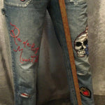 Patchwork Free People 29 carpenter JEANS embroidered Sacred Heart Day of the Dead SUGAR SKULL Dia De Los Muertos patches repurposed Pants