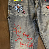 Patchwork Free People 29 carpenter JEANS embroidered Sacred Heart Day of the Dead SUGAR SKULL Dia De Los Muertos patches repurposed Pants