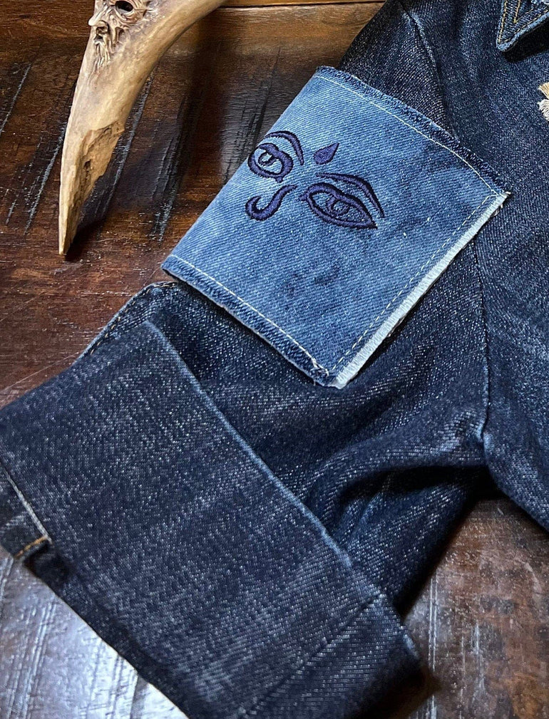 Black ANCIENT Eyes SOULE PATCH art Bleached blue Denim Iron On patch 5 X 4 Egyptian Face embroidered patchwork ironons patches sewn decal Appliques & Patches
