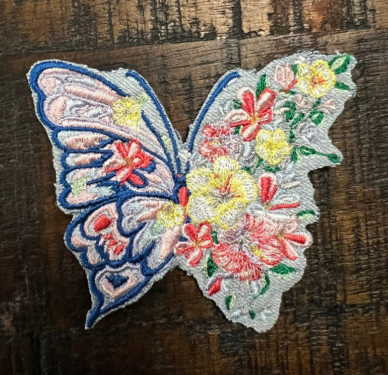 Butterflower BUTTERFLY SOULE PATCH - Nature Embroidered hand bleached Denim Iron On patch Appliques & Patches