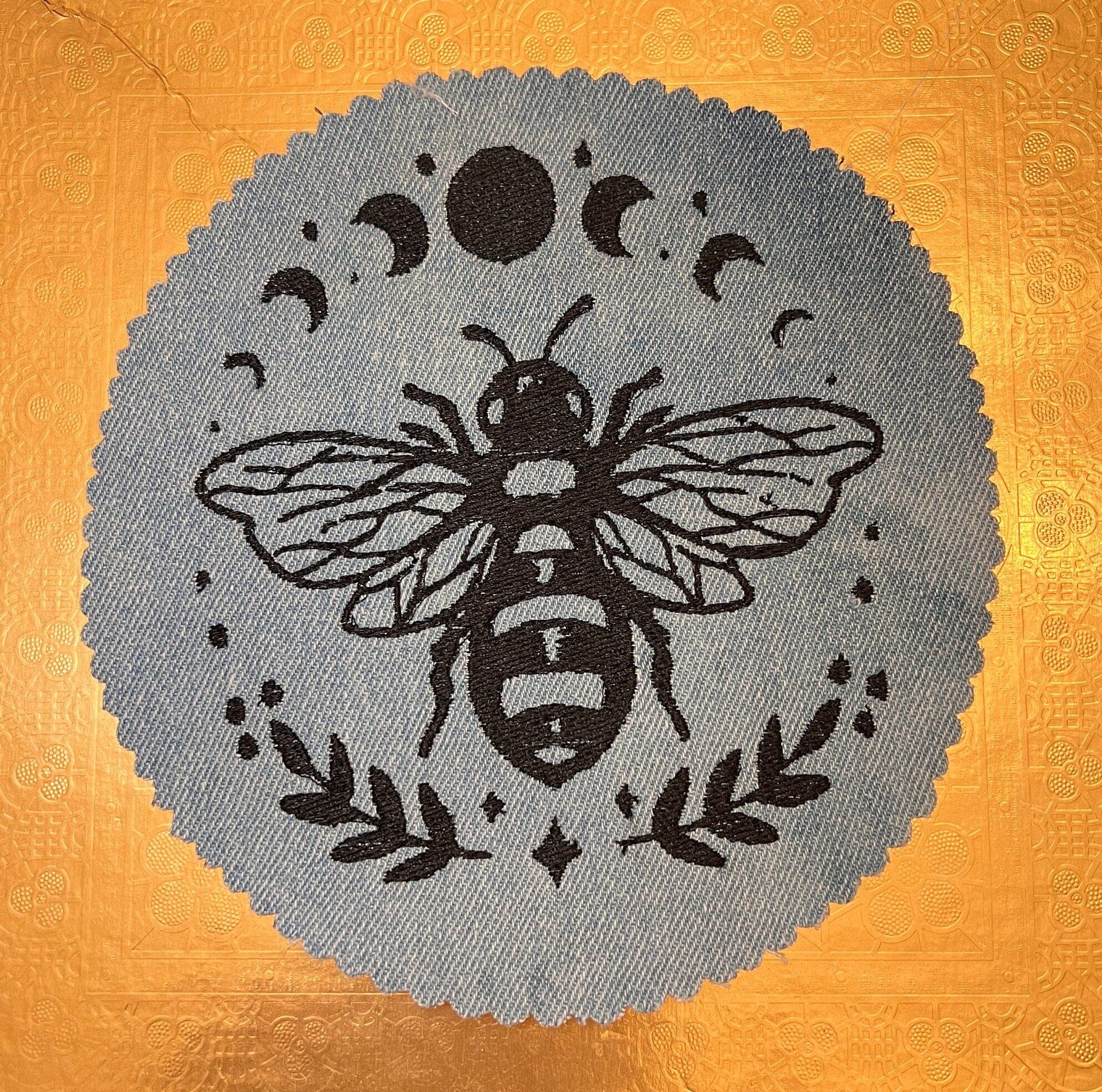 Celestial Bee handmade SOULE PATCH - Moon Phases embroidered bleached light Denim 6 in Iron On Decal Round Bees Honey patchwork Astrological Appliques & Patches