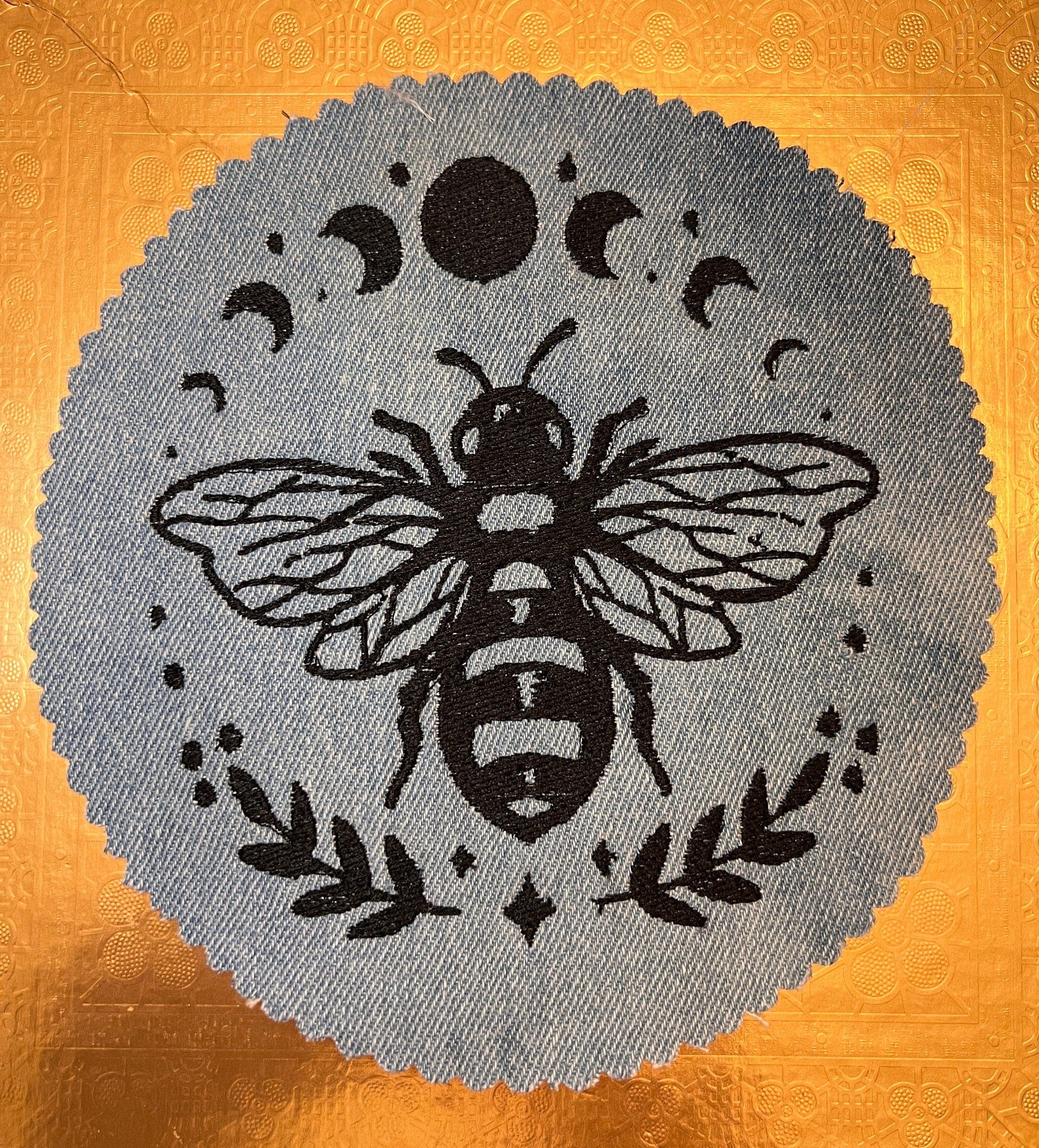 Celestial Bee handmade SOULE PATCH - Moon Phases embroidered bleached light Denim 6 in Iron On Decal Round Bees Honey patchwork Astrological Appliques & Patches