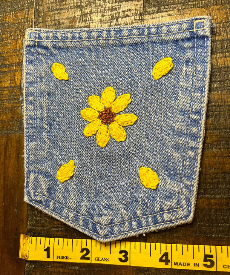 Daisy yellow flowers HOT POCKET Hand Embroidered Stitched gold Denim Hippie Pocket 4.5 X 6 sew or iron on Denim Pocket with embroidery Appliques & Patches