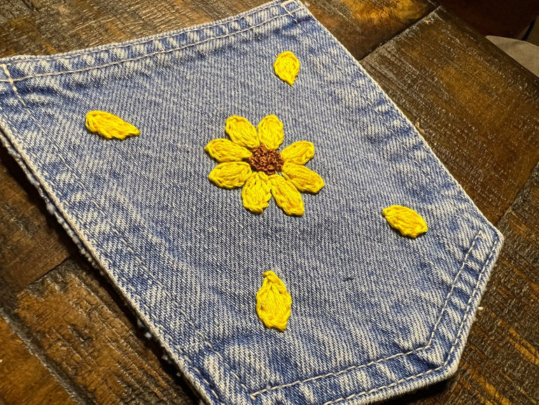 Daisy yellow flowers HOT POCKET Hand Embroidered Stitched gold Denim Hippie Pocket 4.5 X 6 sew or iron on Denim Pocket with embroidery Appliques & Patches