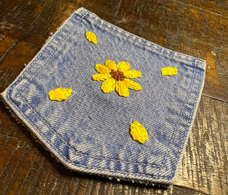 Daisy yellow flowers HOT POCKET Hand Embroidered Stitched gold Denim Hippie Pocket 4.5 X 6 sew or iron on Denim Pocket with embroidery Appliques & Patches