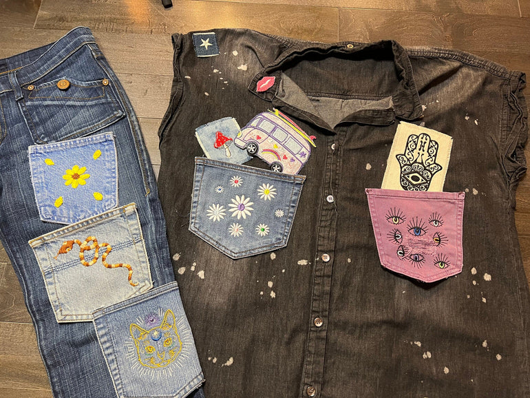 Daisy yellow flowers HOT POCKET Hand Embroidered Stitched gold Denim Hippie Pocket 4.5 X 6 sew or iron on Denim Pocket with embroidery Appliques & Patches