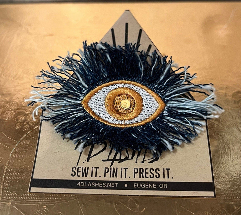 Dark Blue Denim Gold Protective EVIL Eye Frayed Bleached Decal Handmade Embroidered Eye Talisman GOOD LUCK charm Amulet tie tack Pin glyph Brooches & Lapel Pins