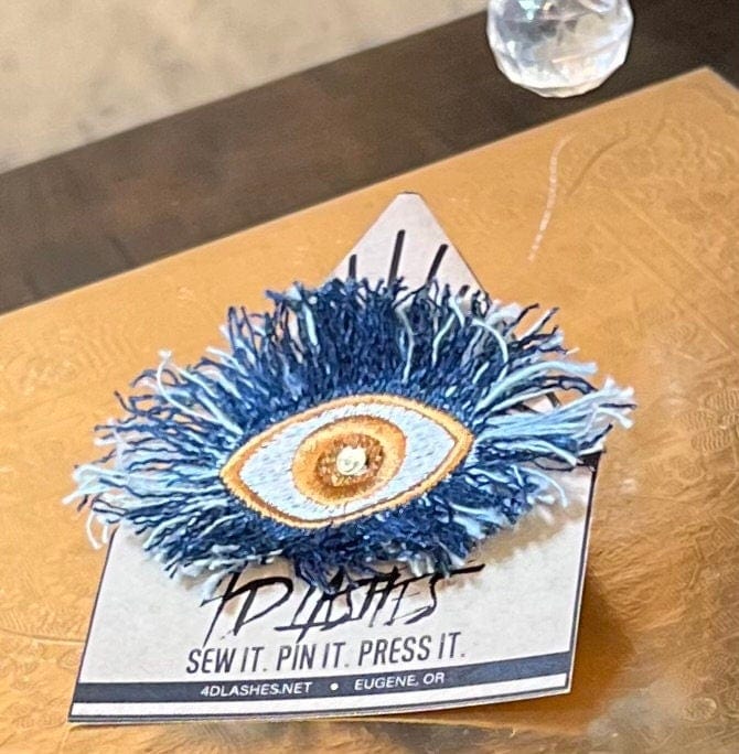 Dark Blue Denim Gold Protective EVIL Eye Frayed Bleached Decal Handmade Embroidered Eye Talisman GOOD LUCK charm Amulet tie tack Pin glyph Brooches & Lapel Pins