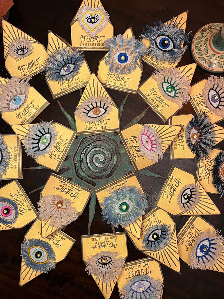 Dark Blue Denim Gold Protective EVIL Eye Frayed Bleached Decal Handmade Embroidered Eye Talisman GOOD LUCK charm Amulet tie tack Pin glyph Brooches & Lapel Pins