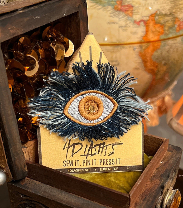 Dark Blue Denim Gold Protective EVIL Eye Frayed Bleached Decal Handmade Embroidered Eye Talisman GOOD LUCK charm Amulet tie tack Pin glyph Brooches & Lapel Pins