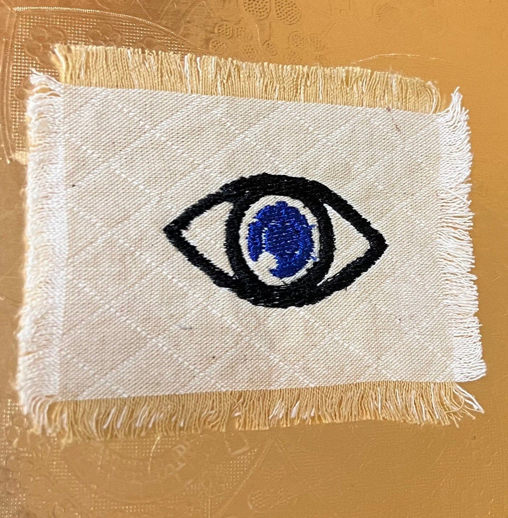 Embroidered Evil EYE Frayed Natural quilted stitched Linen Protective Eye Patch Decal Handmade Pin tie tack Pin included or Sew Iron On Appliques & Patches