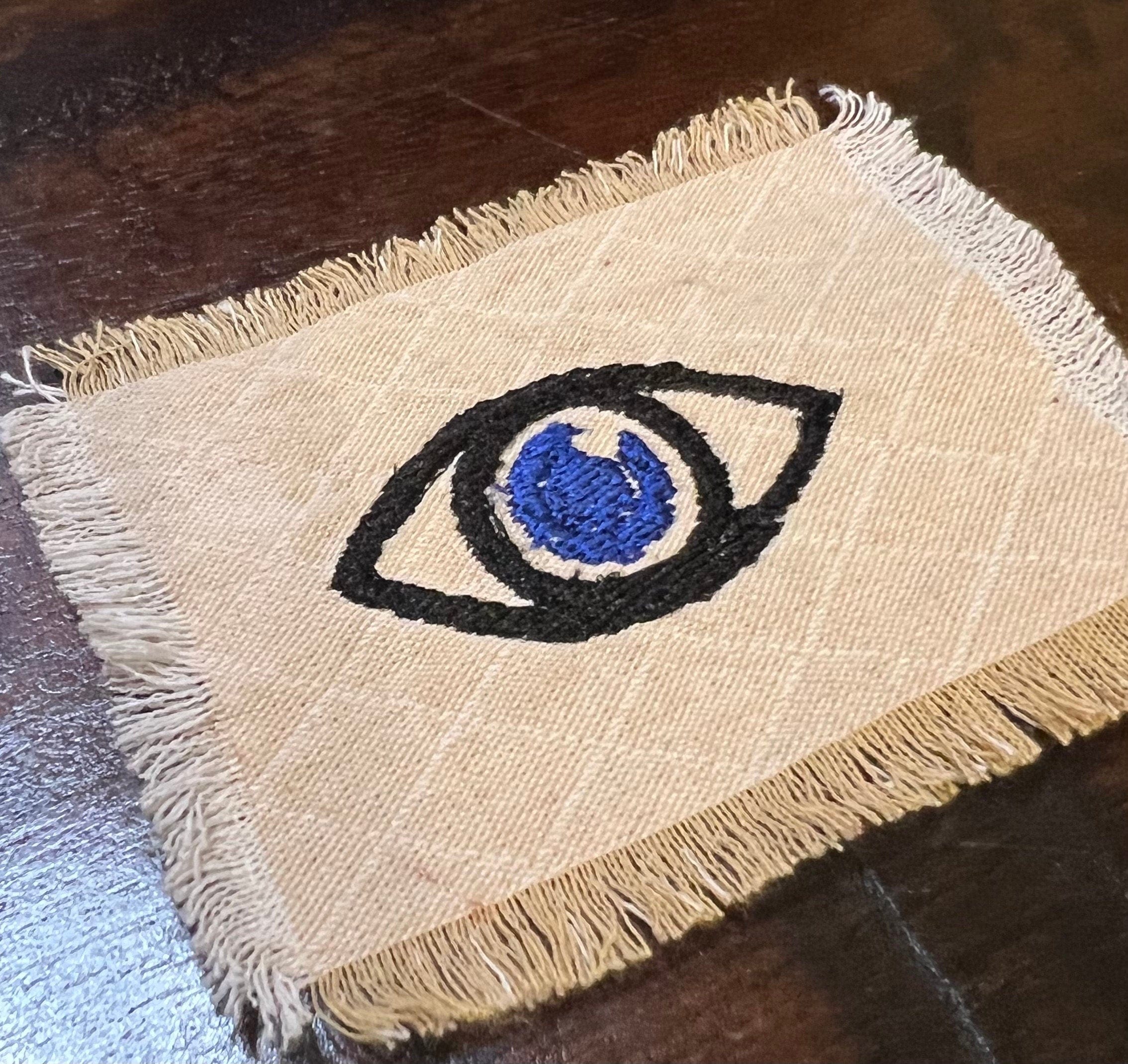 Embroidered Evil EYE Frayed Natural quilted stitched Linen Protective Eye Patch Decal Handmade Pin tie tack Pin included or Sew Iron On Appliques & Patches