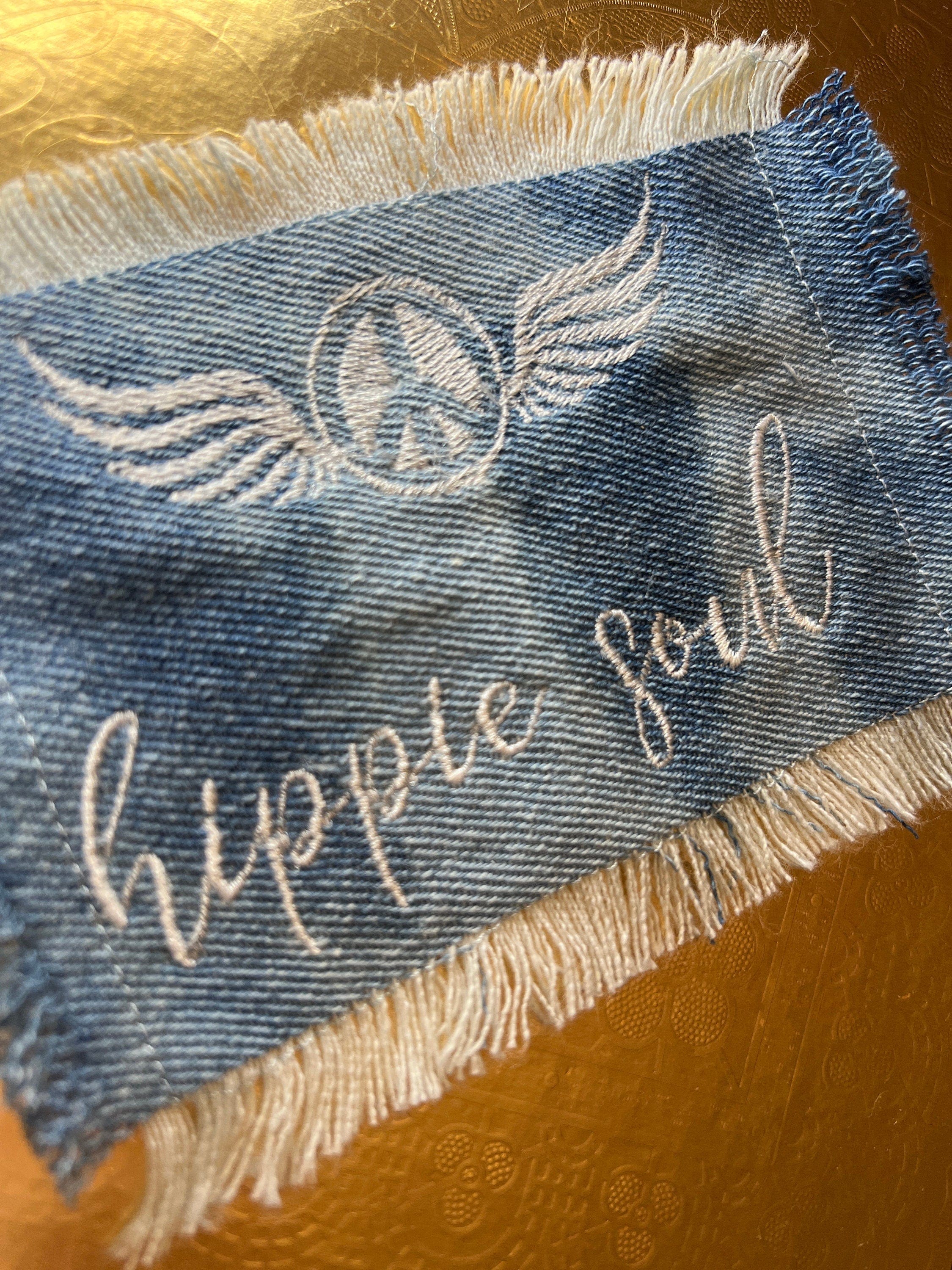 Embroidered HIPPIE SOUL PATCH art Bleached Denim Iron On little hippie fringed frayed Hippy Soule Peace Wings decal hot pink red blue white Appliques & Patches