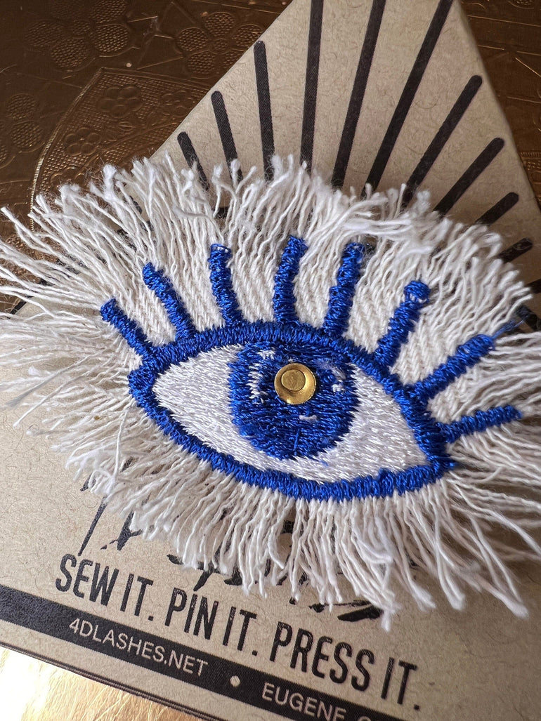 EYE Patch Blue White Shredded Denim GOOD KARMA Handmade Embroidery Protective Talisman Decal Bridal Party Bachelorette office gift Brooches & Lapel Pins