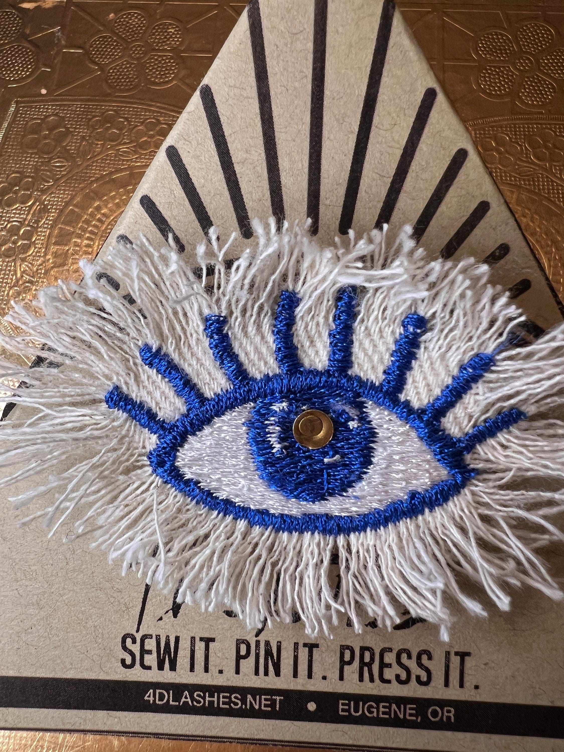 EYE Patch Blue White Shredded Denim GOOD KARMA Handmade Embroidery Protective Talisman Decal Bridal Party Bachelorette office gift Brooches & Lapel Pins