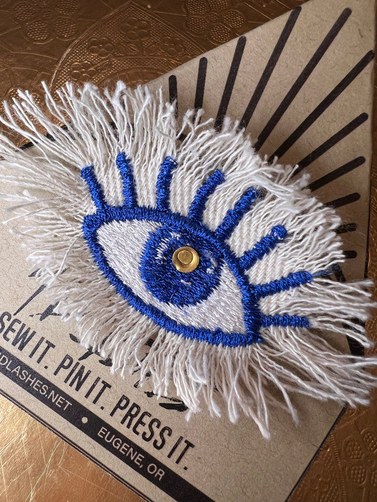 EYE Patch Blue White Shredded Denim GOOD KARMA Handmade Embroidery Protective Talisman Decal Bridal Party Bachelorette office gift Brooches & Lapel Pins