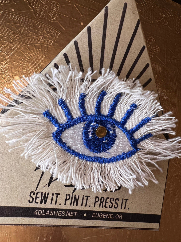 EYE Patch Blue White Shredded Denim GOOD KARMA Handmade Embroidery Protective Talisman Decal Bridal Party Bachelorette office gift Brooches & Lapel Pins