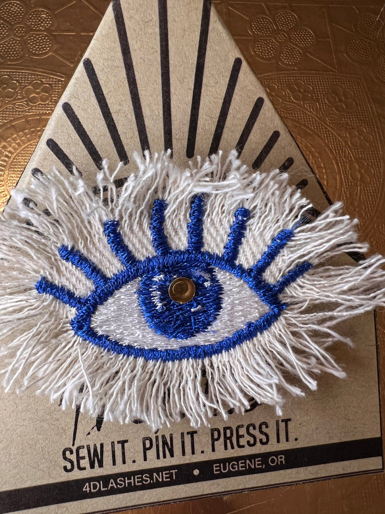 EYE Patch Blue White Shredded Denim GOOD KARMA Handmade Embroidery Protective Talisman Decal Bridal Party Bachelorette office gift Brooches & Lapel Pins