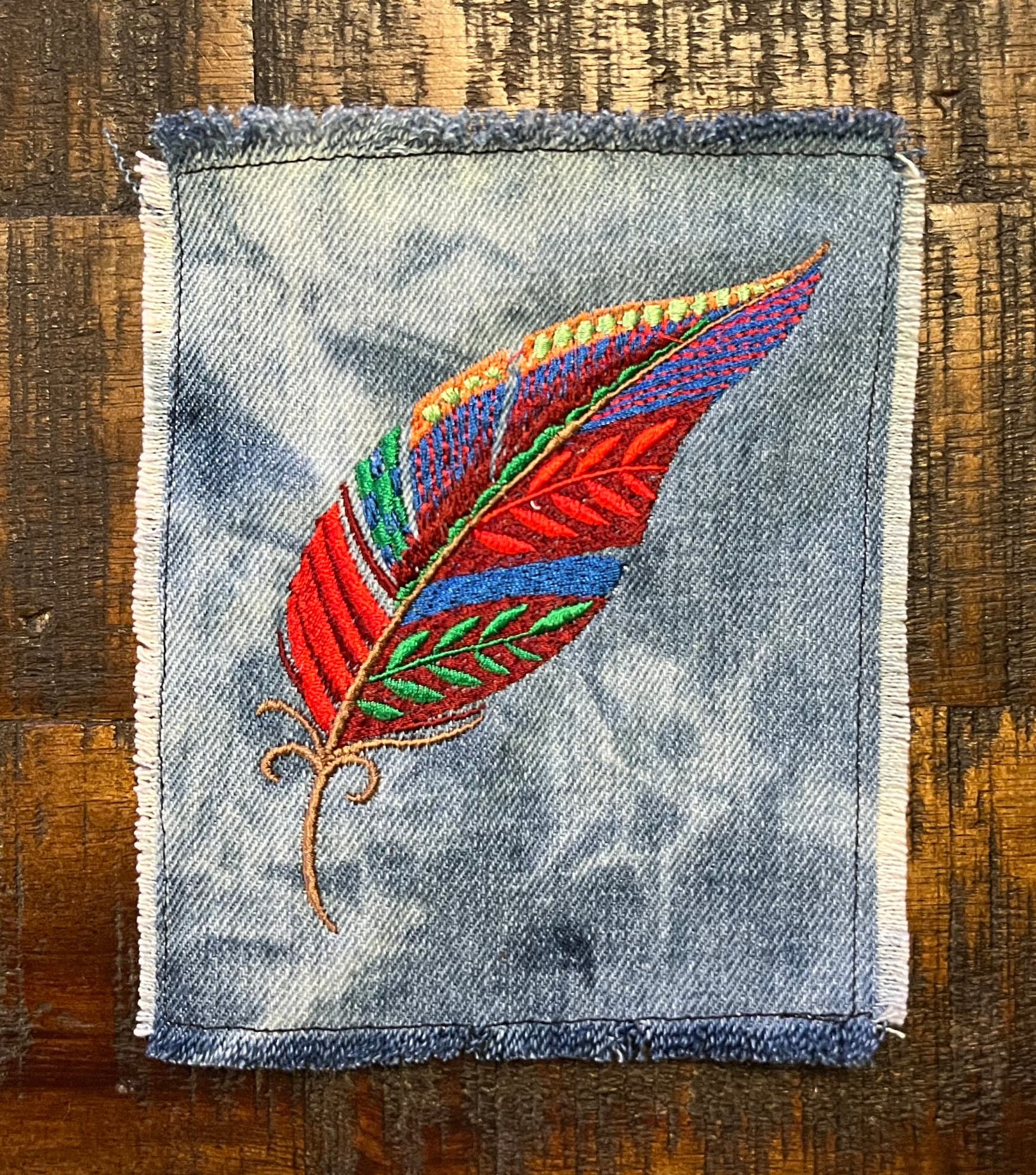 Feather Bohemian SOULE PATCH art Bleached Out blue Denim Iron On patch 5 X 5 multi color embroidered Appliques & Patches