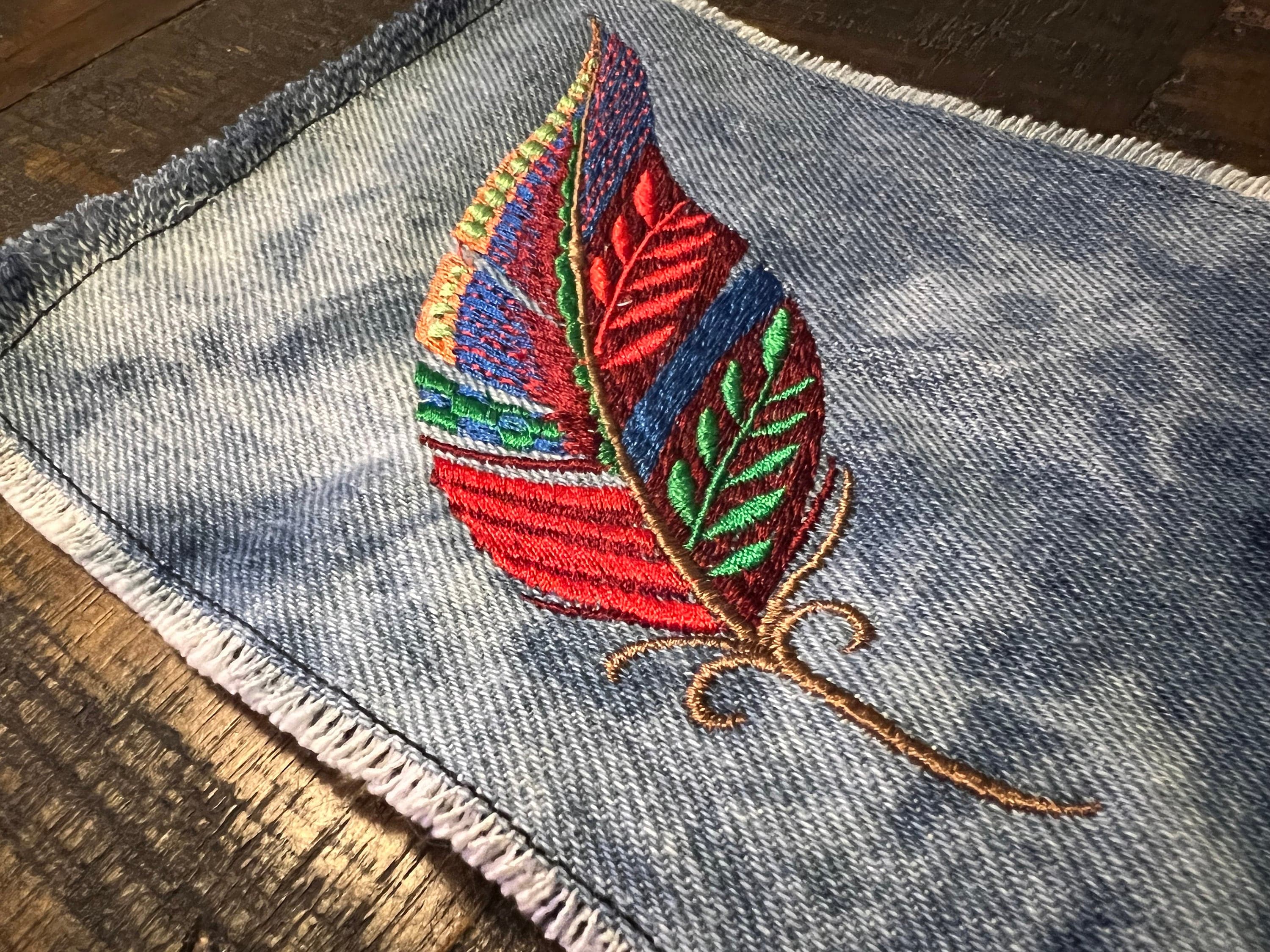 Feather Bohemian SOULE PATCH art Bleached Out blue Denim Iron On patch 5 X 5 multi color embroidered Appliques & Patches