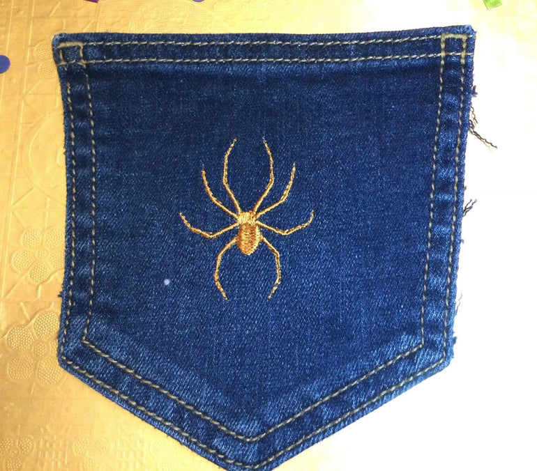 Gold Spider HOT POCKET - OOAK embroidered denim pocket patch 5X4 Appliques & Patches
