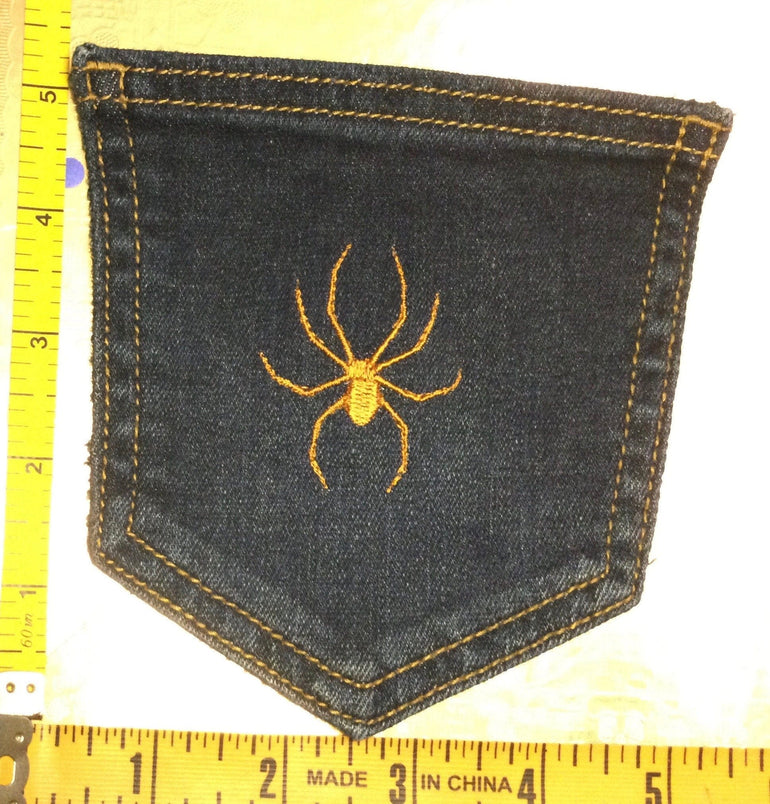 Gold Spider HOT POCKET - OOAK embroidered denim pocket patch 5X4 Appliques & Patches