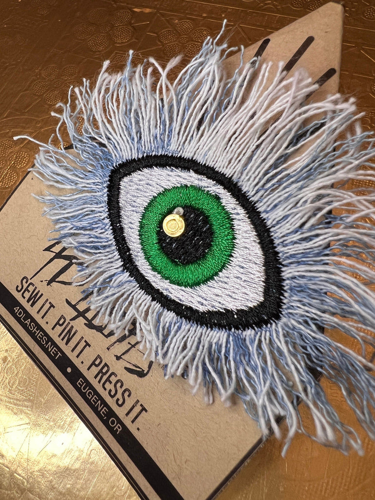 Good Karma EVIL EYE Patch Handmade NuAge pin Embroidered Protective Talisman Frayed Green Blue Denim Bridal Party Bachelorette office gift Brooches & Lapel Pins