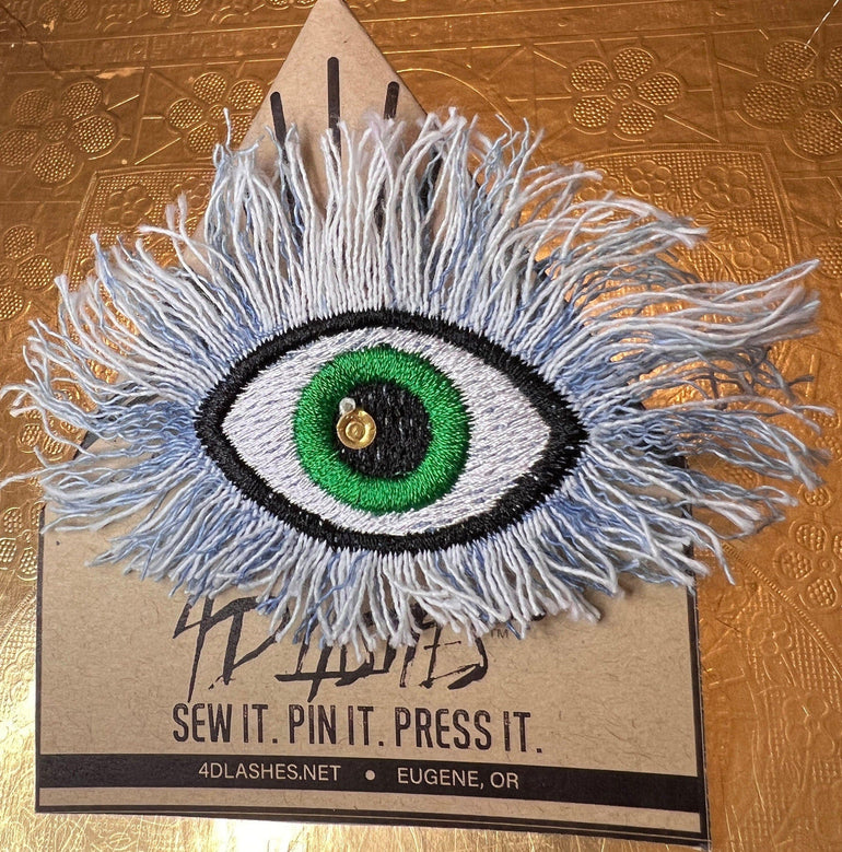 Good Karma EVIL EYE Patch Handmade NuAge pin Embroidered Protective Talisman Frayed Green Blue Denim Bridal Party Bachelorette office gift Brooches & Lapel Pins