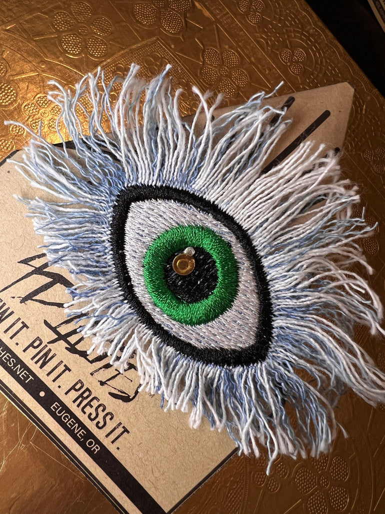 Good Karma EVIL EYE Patch Handmade NuAge pin Embroidered Protective Talisman Frayed Green Blue Denim Bridal Party Bachelorette office gift Brooches & Lapel Pins