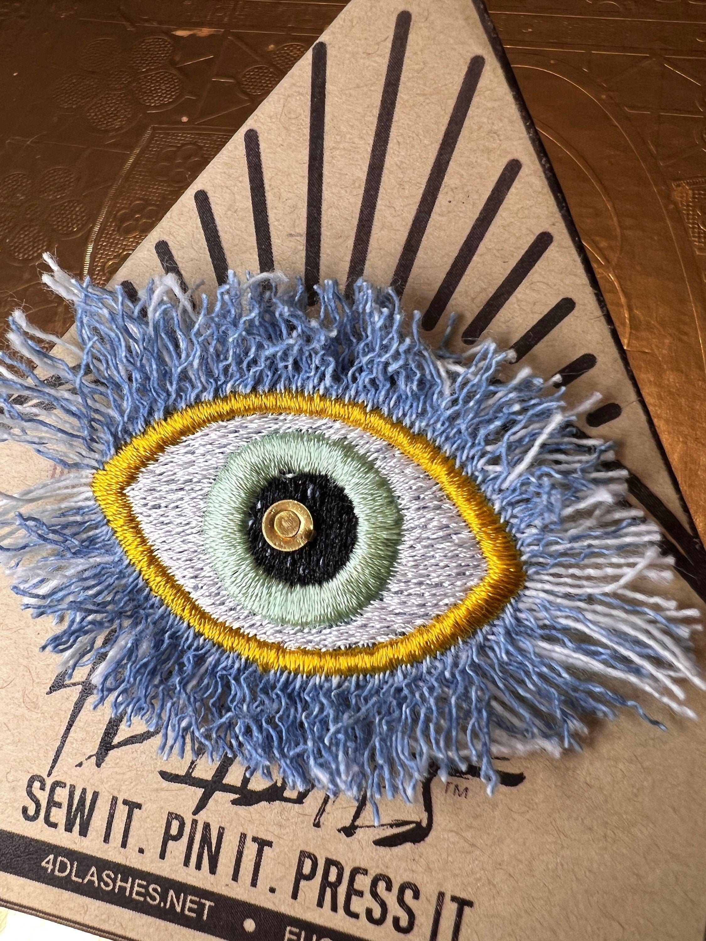 GOOD KARMA Gold Green EYE Patch Handmade NuAge Pin Embroidered Protective Talisman Frayed Denim Bridal Party Bachelorette office gift Brooches & Lapel Pins