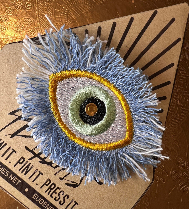 GOOD KARMA Gold Green EYE Patch Handmade NuAge Pin Embroidered Protective Talisman Frayed Denim Bridal Party Bachelorette office gift Brooches & Lapel Pins