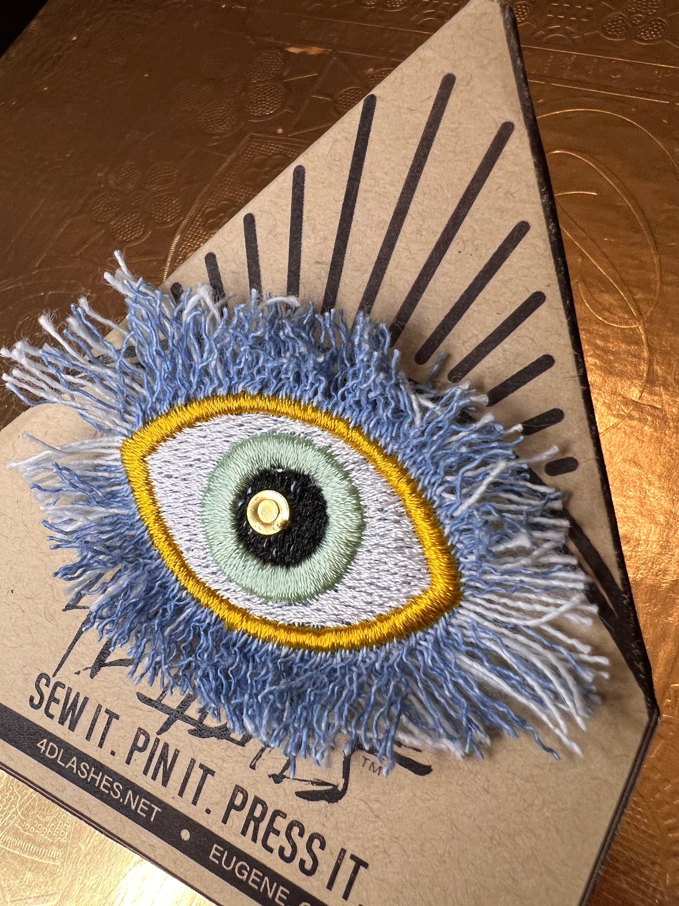 GOOD KARMA Gold Green EYE Patch Handmade NuAge Pin Embroidered Protective Talisman Frayed Denim Bridal Party Bachelorette office gift Brooches & Lapel Pins