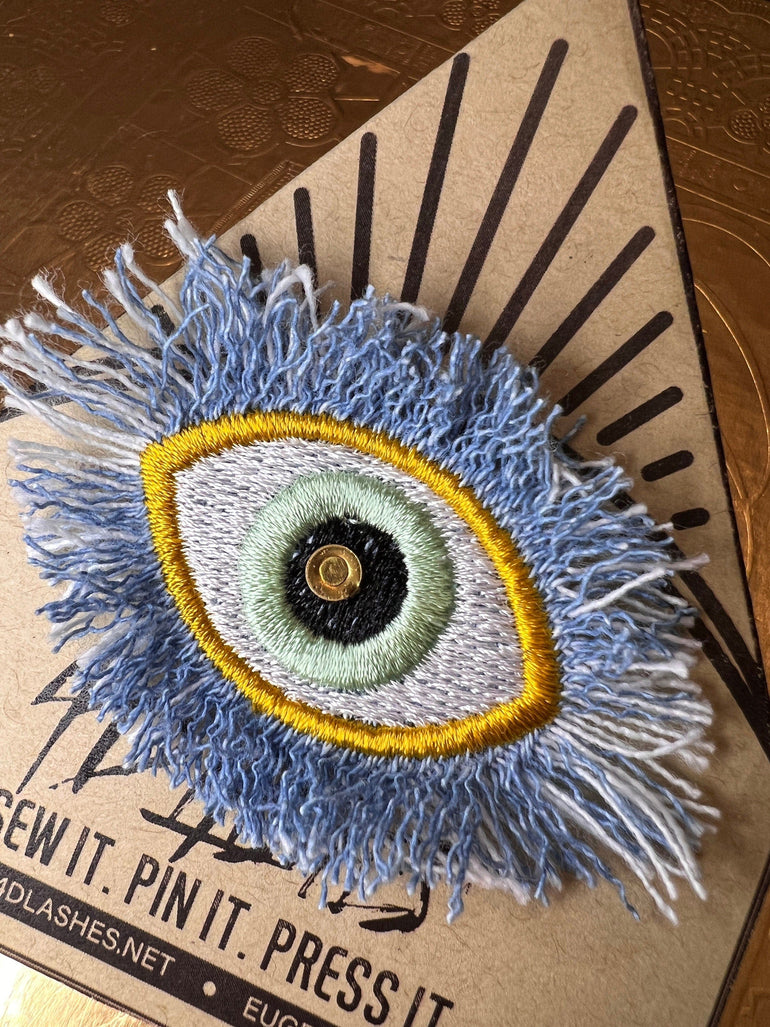 GOOD KARMA Gold Green EYE Patch Handmade NuAge Pin Embroidered Protective Talisman Frayed Denim Bridal Party Bachelorette office gift Brooches & Lapel Pins