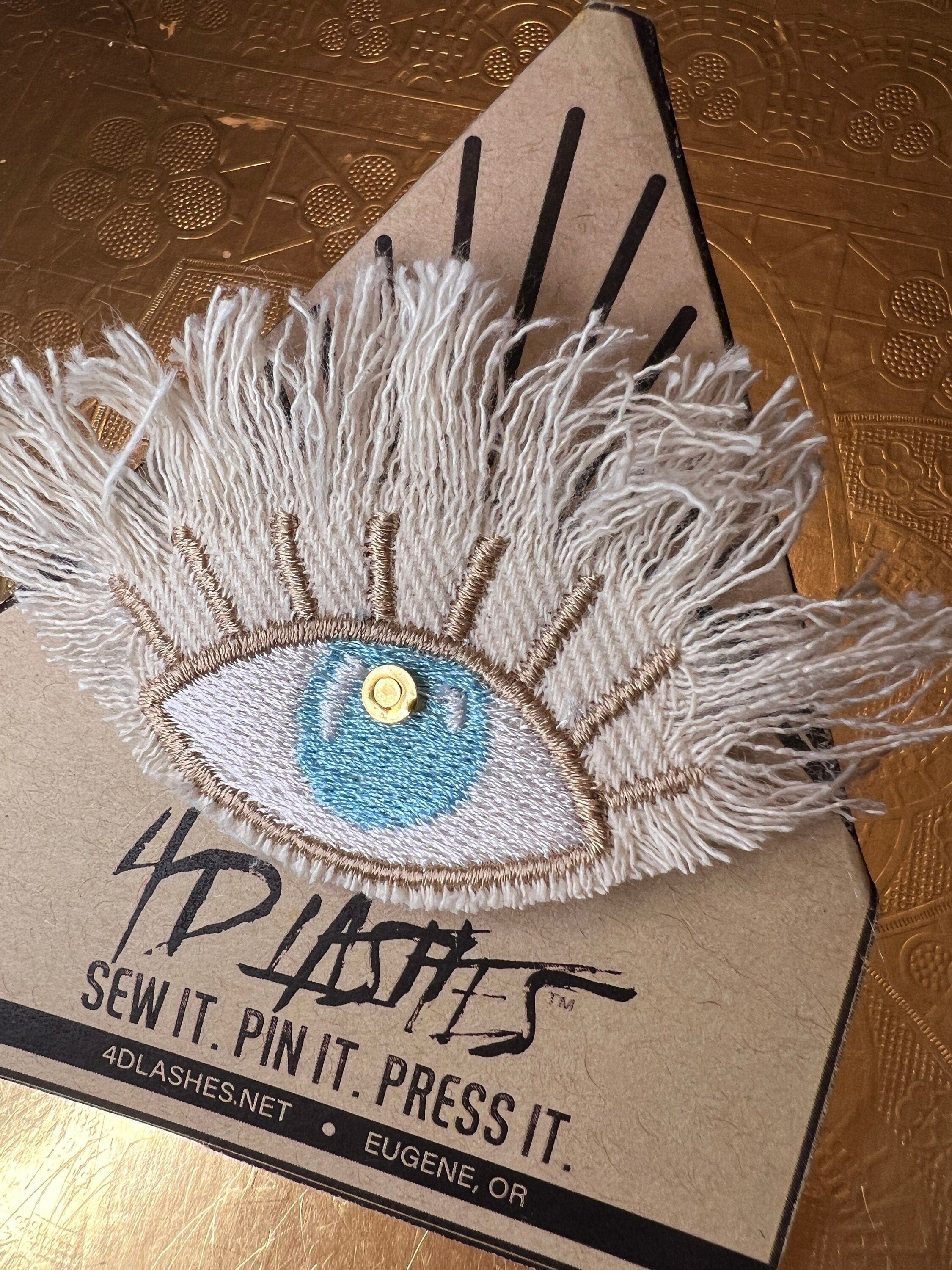 Good KARMA Ivory Turquoise EYE Patch Handmade NuAge pin Embroidered Protective Talisman Frayed Denim Bridal Party Bachelorette office gift Pinback Buttons