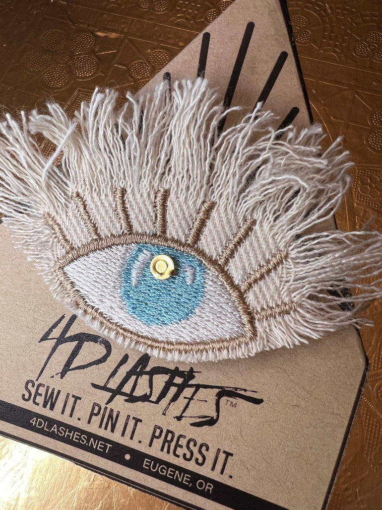 Good KARMA Ivory Turquoise EYE Patch Handmade NuAge pin Embroidered Protective Talisman Frayed Denim Bridal Party Bachelorette office gift Pinback Buttons