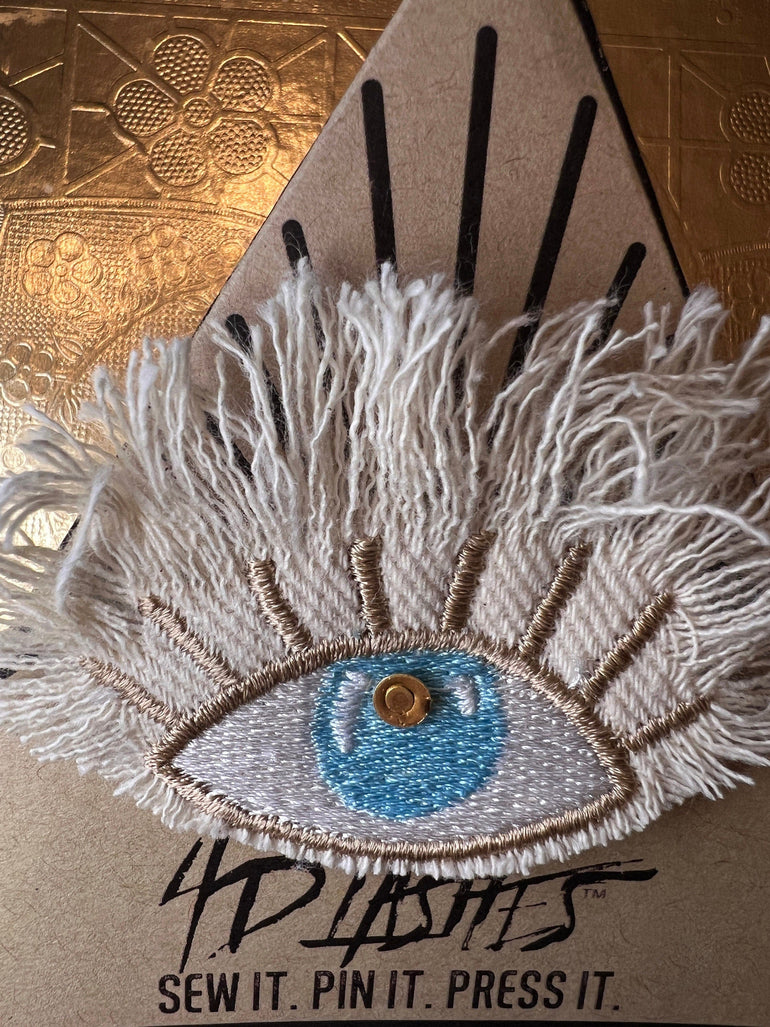Good KARMA Ivory Turquoise EYE Patch Handmade NuAge pin Embroidered Protective Talisman Frayed Denim Bridal Party Bachelorette office gift Pinback Buttons