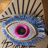 Good KARMA Pink Blue PROTECTION Patch Handmade NuAge pin Embroidered Protective Talisman Frayed Denim Bridal Party Bachelorette office gift Brooches & Lapel Pins