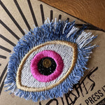 Good KARMA Pink Blue PROTECTION Patch Handmade NuAge pin Embroidered Protective Talisman Frayed Denim Bridal Party Bachelorette office gift Brooches & Lapel Pins