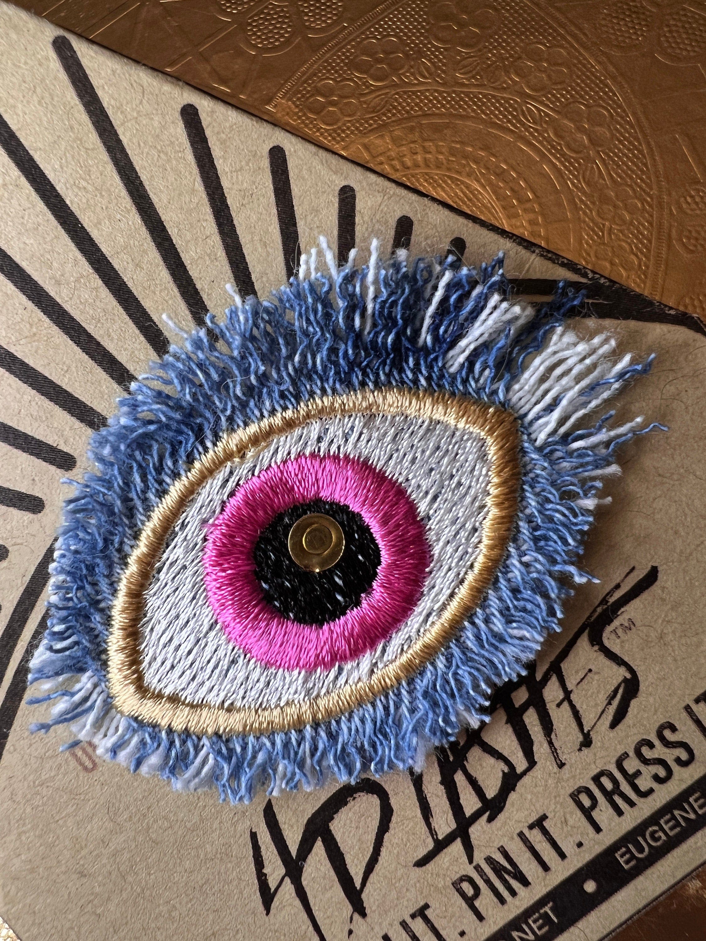 Good KARMA Pink Blue PROTECTION Patch Handmade NuAge pin Embroidered Protective Talisman Frayed Denim Bridal Party Bachelorette office gift Brooches & Lapel Pins