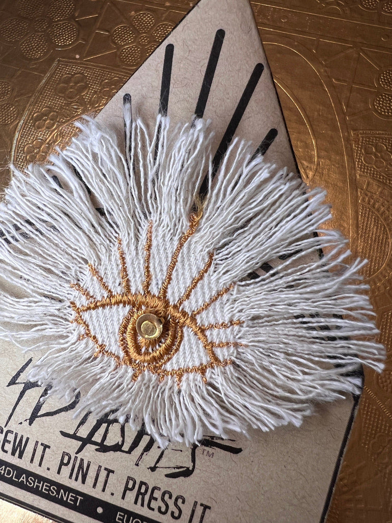 Good Karma Protective EYE Patch Handmade NuAge tack pin Embroidered Talisman Frayed Denim Gold White Bridal Party Bachelorette office gift Brooches & Lapel Pins