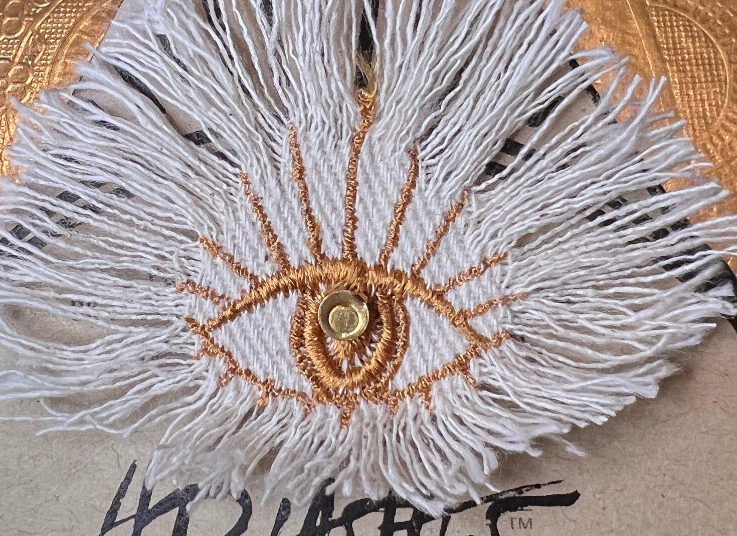Good Karma Protective EYE Patch Handmade NuAge tack pin Embroidered Talisman Frayed Denim Gold White Bridal Party Bachelorette office gift Brooches & Lapel Pins