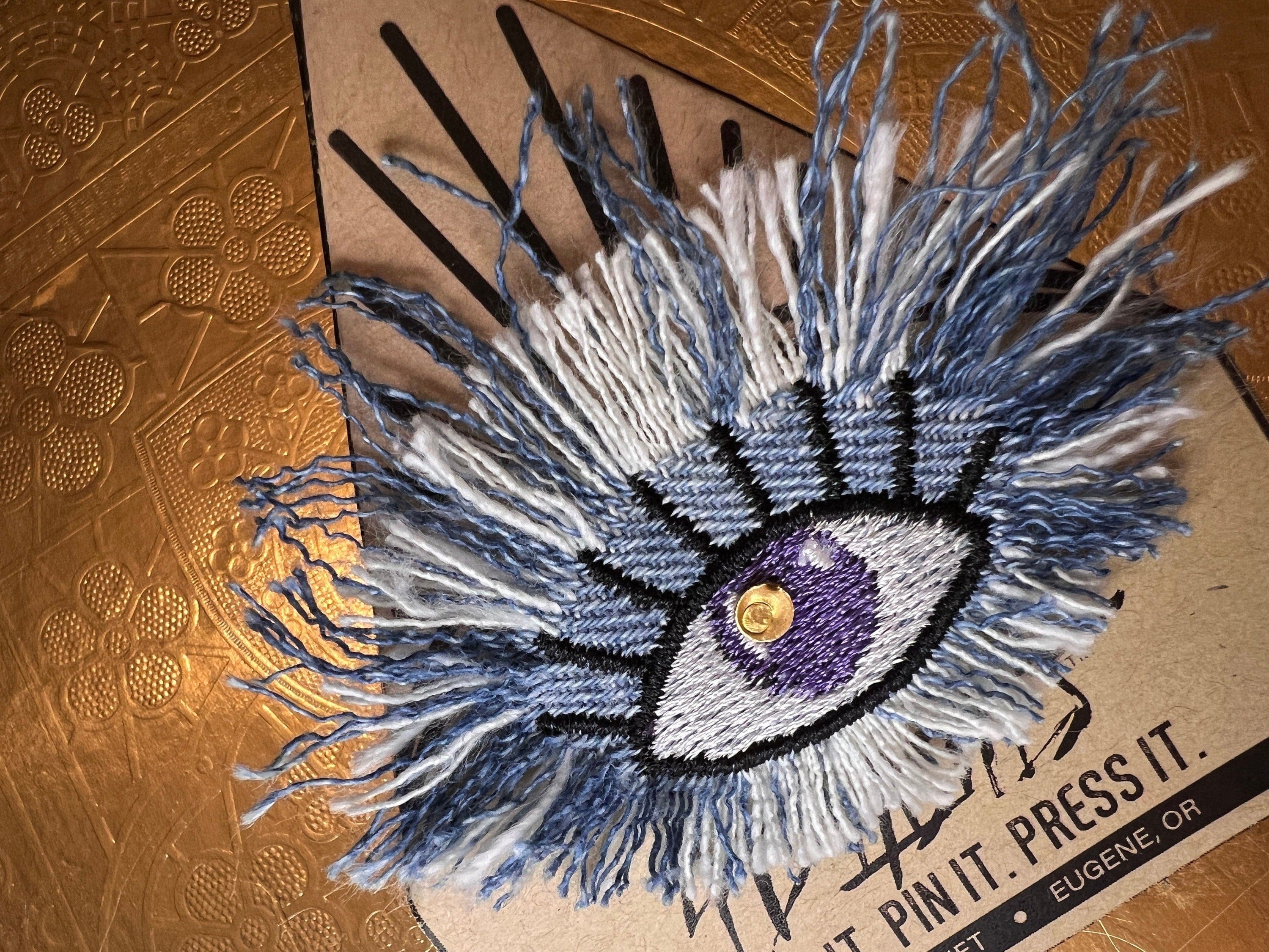 Good KARMA Purple Blue PROTECTION Patch Handmade NuAge pin Embroidered Protective Talisman Frays Denim Bridal Party Bachelorette office gift Brooches & Lapel Pins