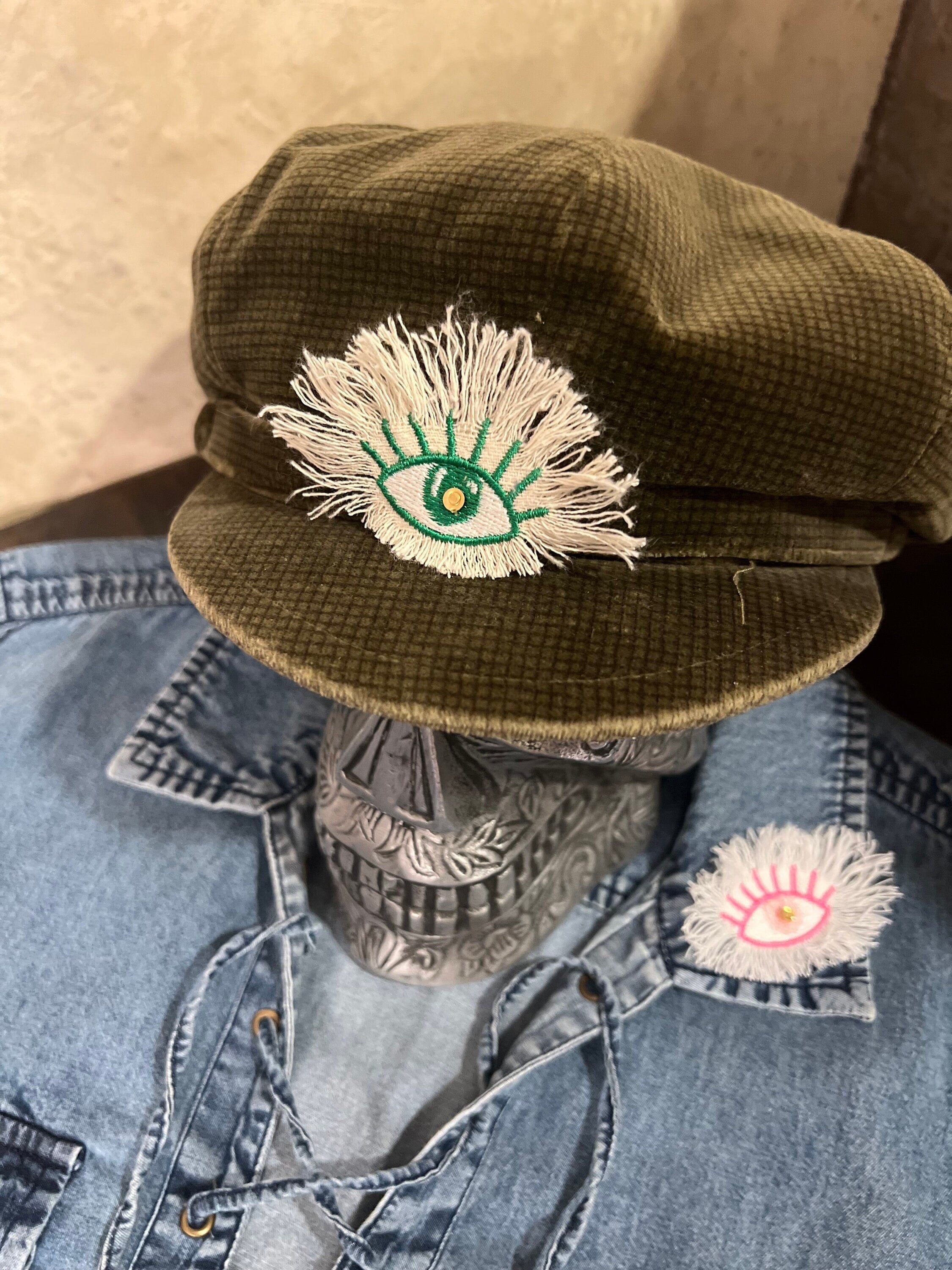 Green Protective EVIL Eye Decal Handmade Embroidered Eye Frayed Natural Denim Talisman GOOD LUCK charm Amulet tie tack Pin included glyph Brooches & Lapel Pins