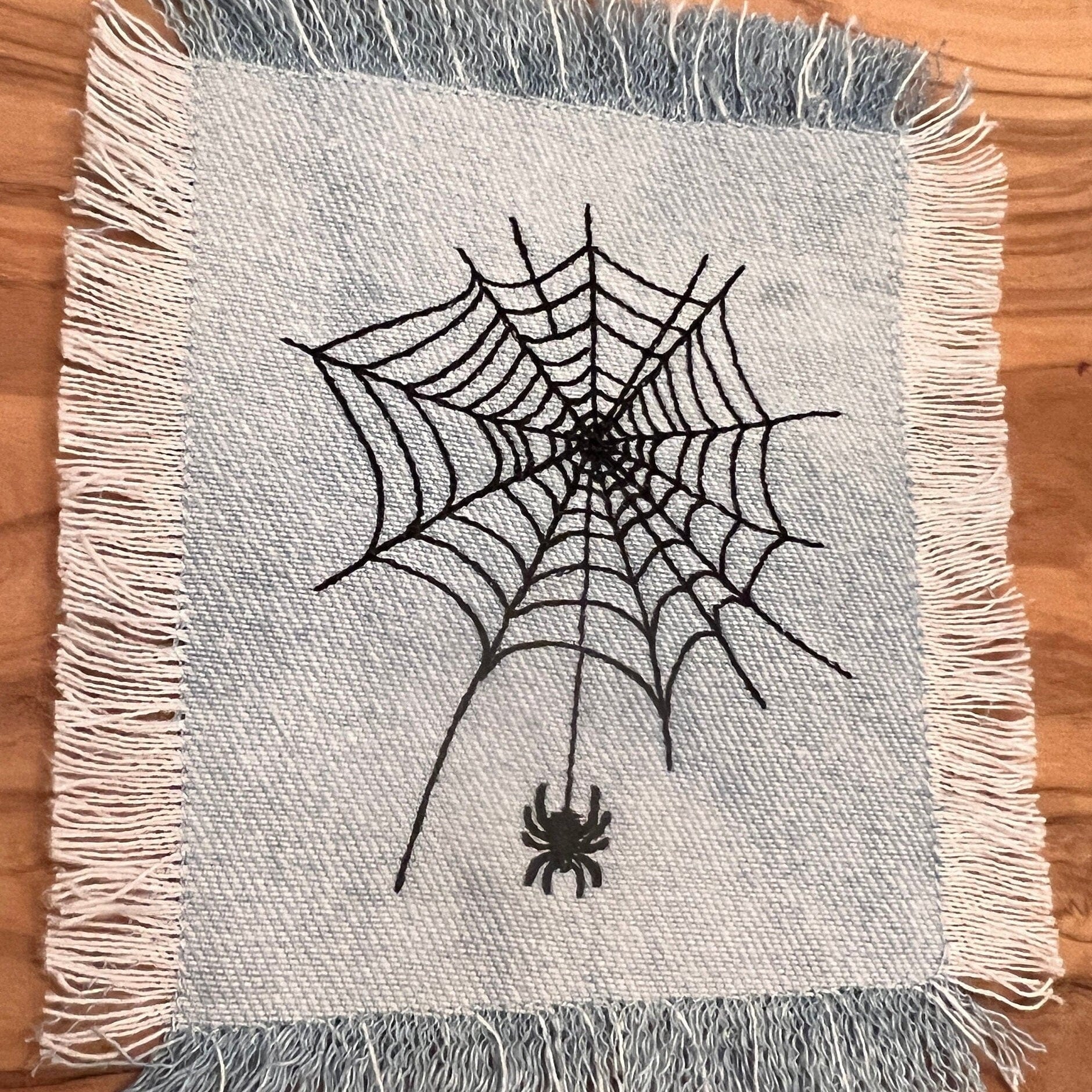 Halloween SPIDER Web Iron On SOULE PATCH art Bleached Denim patch 5 X 4.5 black embroidered Appliques & Patches