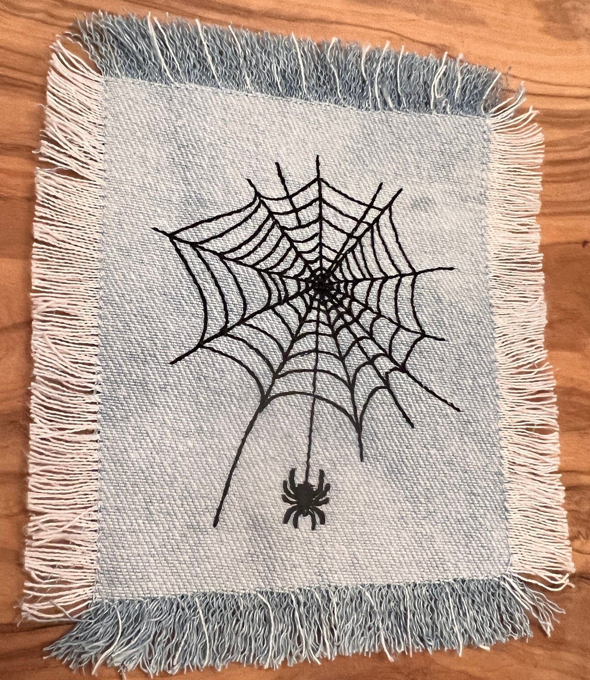 Halloween SPIDER Web Iron On SOULE PATCH art Bleached Denim patch 5 X 4.5 black embroidered Appliques & Patches