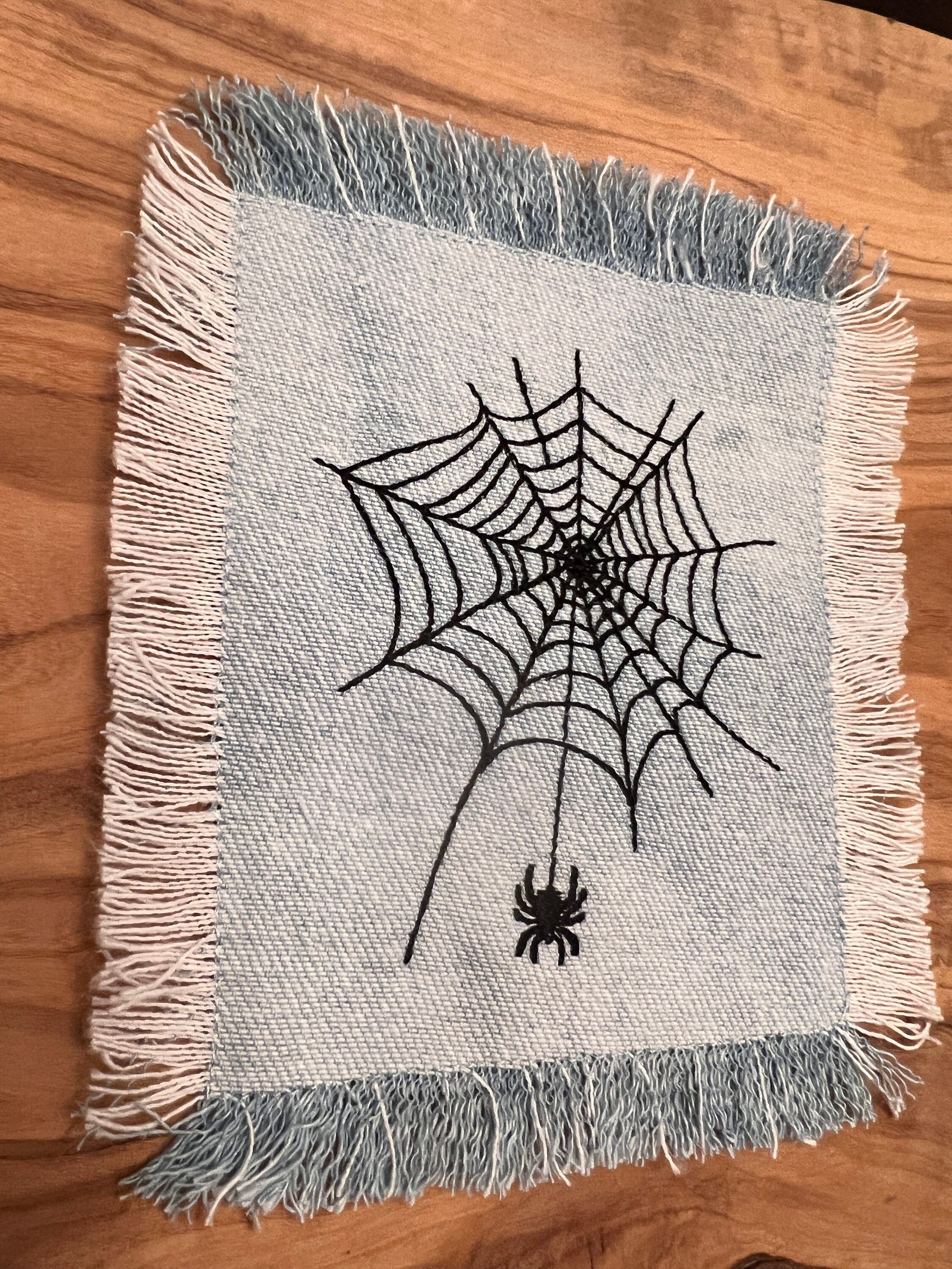 Halloween SPIDER Web Iron On SOULE PATCH art Bleached Denim patch 5 X 4.5 black embroidered Appliques & Patches