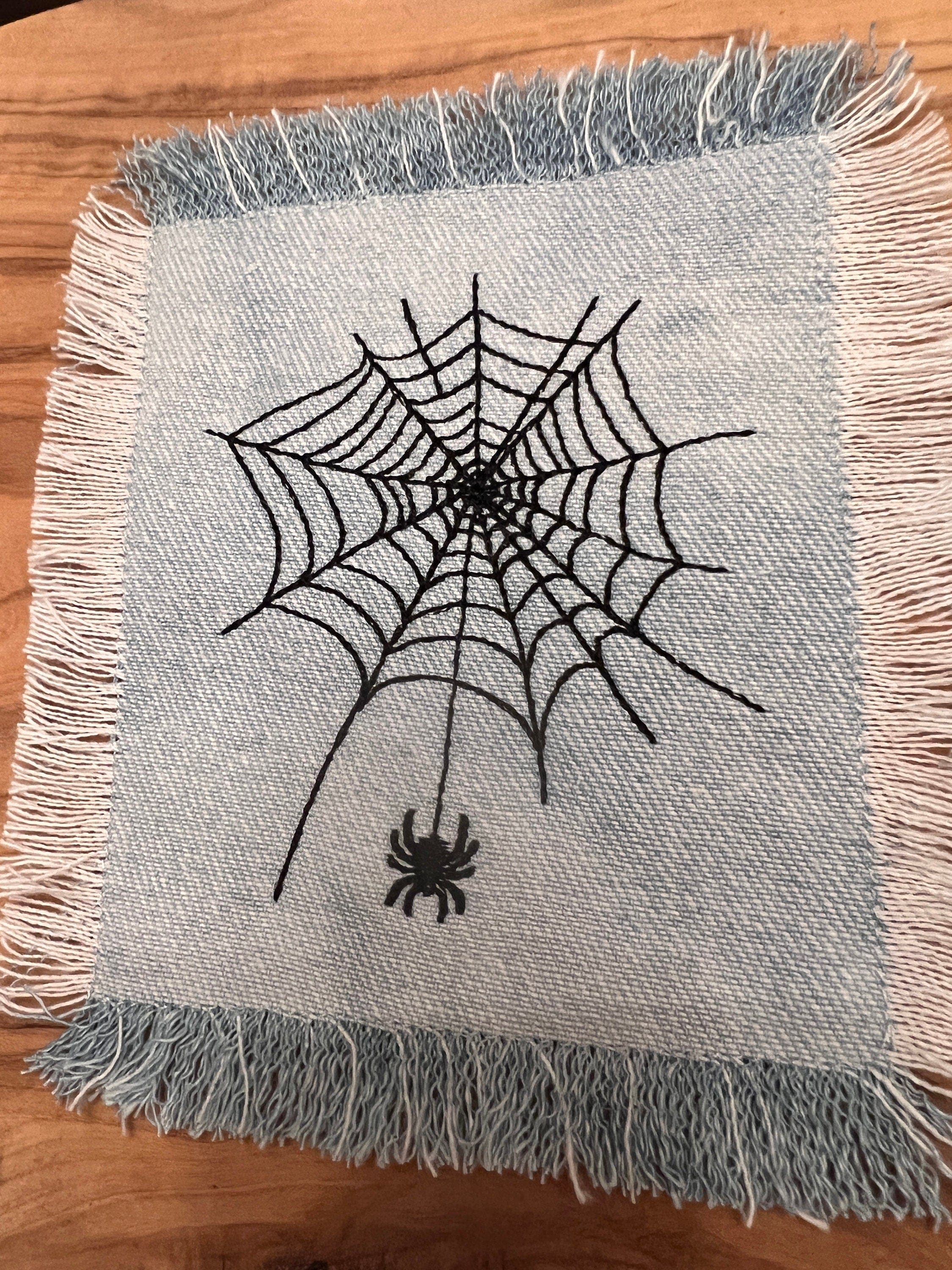 Halloween SPIDER Web Iron On SOULE PATCH art Bleached Denim patch 5 X 4.5 black embroidered Appliques & Patches