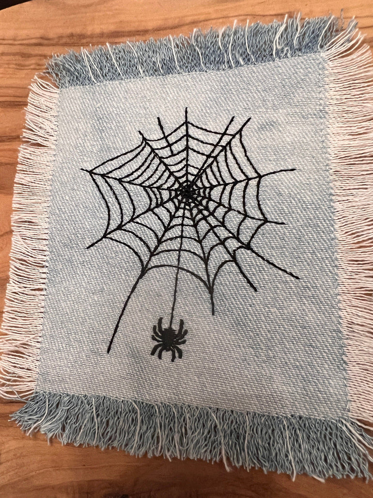 Halloween SPIDER Web Iron On SOULE PATCH art Bleached Denim patch 5 X 4.5 black embroidered Appliques & Patches
