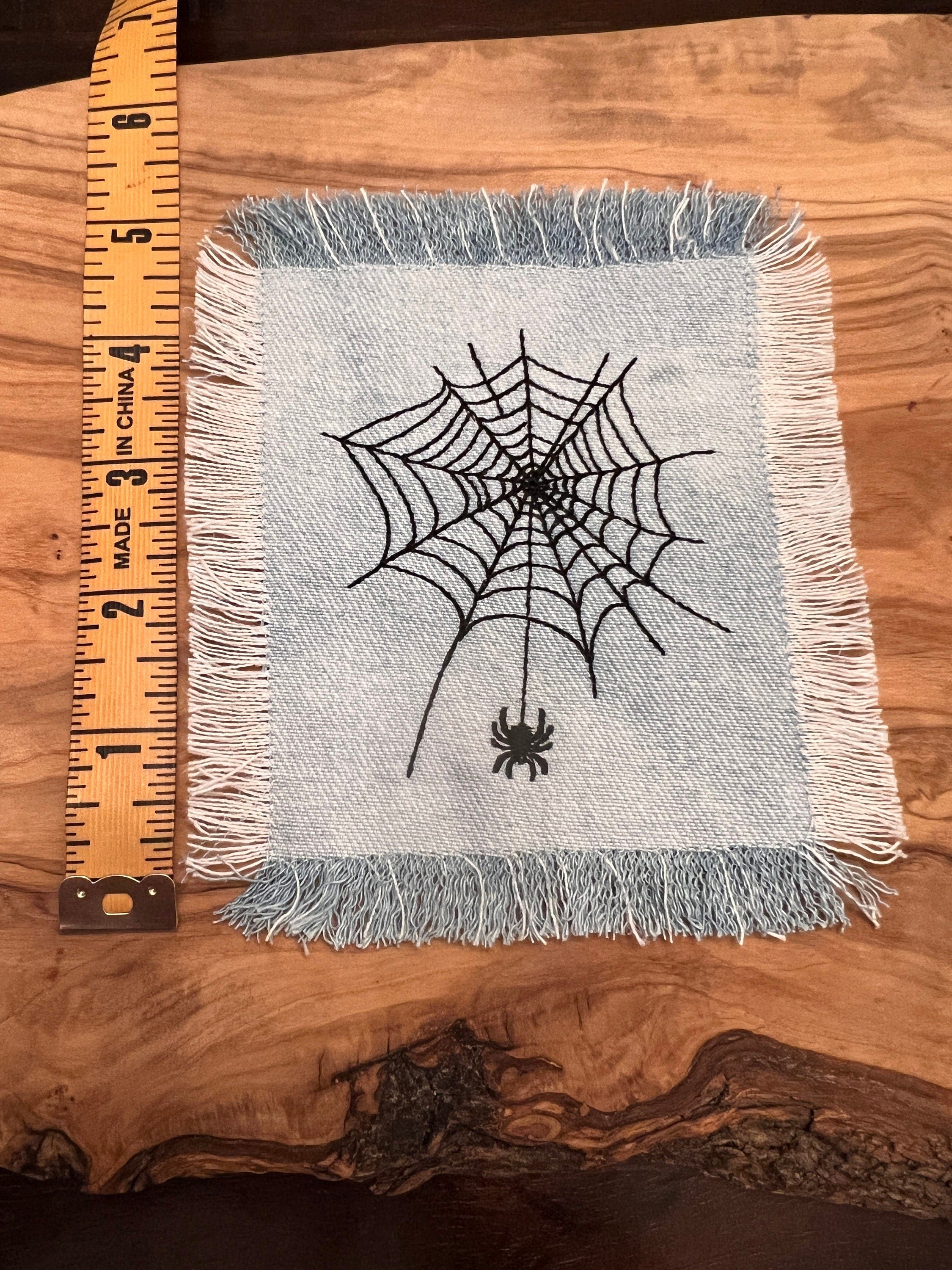 Halloween SPIDER Web Iron On SOULE PATCH art Bleached Denim patch 5 X 4.5 black embroidered Appliques & Patches